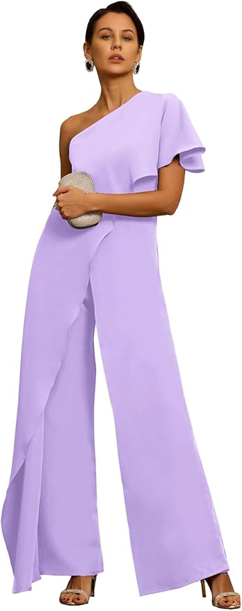 Mother of The Bride Jumpsuit Chiffon One Shoulder Ruffles Wedding Guest Pantsuit for Women