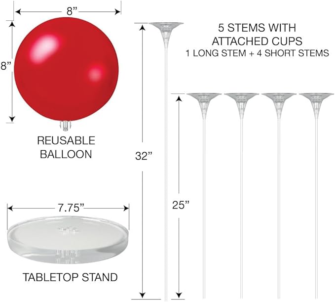 Reusable Balloon Tabletop Kit - Helium-Free Vinyl Bouquets - Lasting Inflation - Includes 5 Balloons, Stems & Acrylic Base, for Business, Schools & Events (Purple and Gold)