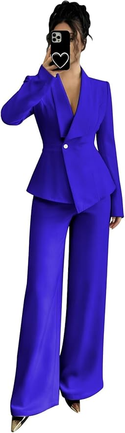 Pant Suits for Women Dressy 2 Piece Womens Pantsuit Long Sleeve Lapel V-Neck Formal Outfit for Wedding Guest