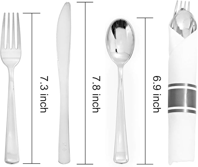 100Pack Wrapped Silver Plastic Silverware Sets - Heavy Duty Plastic Silverware Include Pre Rolled Disposable Utensils with Napkins for Parties & Dinners & Weddings