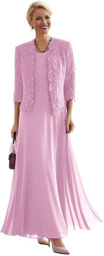 2 Pieces Mother of The Bride Dresses for Women Laces Mother of The Groom Dress 3/4 Sleeve Chiffon Formal Evening Dresses