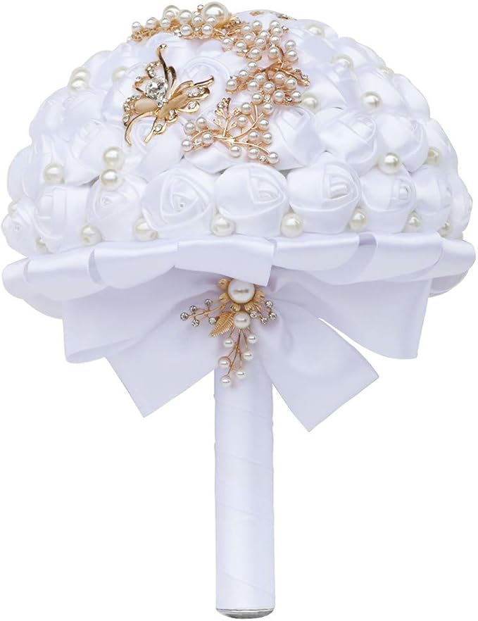 Handmade Wedding Bride Bridesmaid Bridal Bouquet Rose Holding Toss Artificial Flowers Bouquets with Satin Ribbon Pearls Rhinestone for Wedding Celebration Valentine’s Day Parties Bouquet Decor