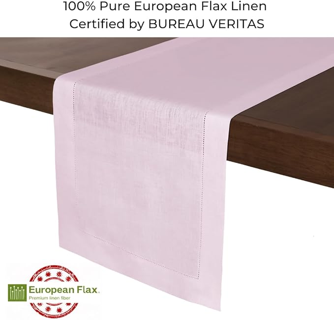 D'Moksha Homes Linen Pastel Pink Table Runner 120 Inches Long - 100% Pure Linen Hemstitch 14 x 120 Inch Table Runner for Dining, Valentines, Spring, Easter - Classic Hemstitch