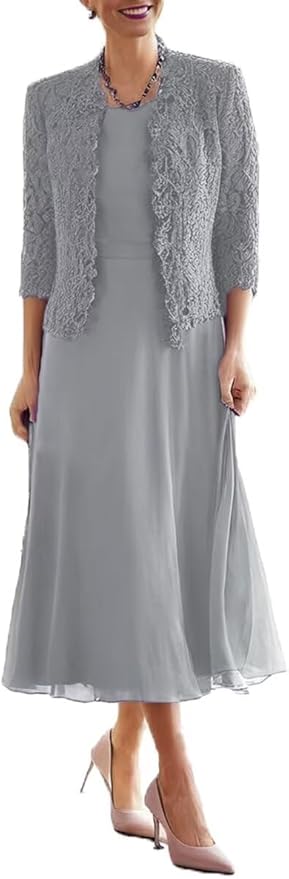 Tea Length Grandmother of The Bride Dresses with Jackets Elegant Laces Mother of Bride Dress for Wedding Guests