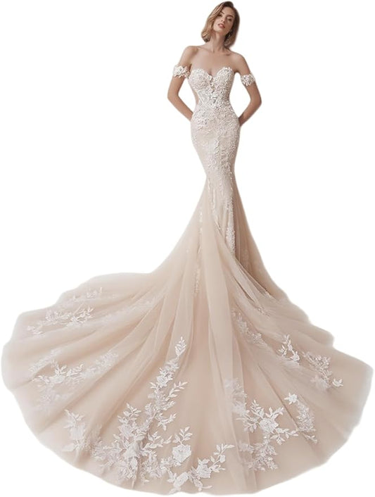 Zeeyecie Mermaid Tulle Wedding Dresses Lace Applique Corset V-Neck Sparkly Bridal Gowns with Train for Brides