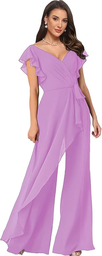 Chiffon Mother of The Bride Jumpsuits for Women Asymmetrical Pant Suits Flutter Sleeve V Neck Formal Evening Outfits