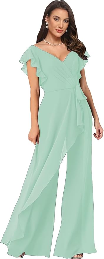 Chiffon Mother of The Bride Jumpsuits for Women Asymmetrical Pant Suits Flutter Sleeve V Neck Formal Evening Outfits