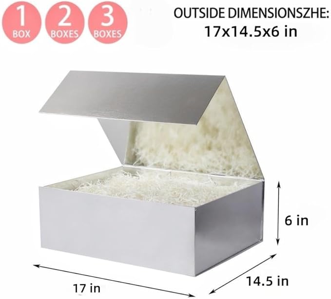 UoeRing 1 Extra Large Silver Gift Box 17x14.5x6 inch Luxury Gift Box for Presents with Magnetic Closure Lid Collapsible,Birthday,Christmas,Contains Card, Ribbon,Tissue Paper,Shredded Paper Filler
