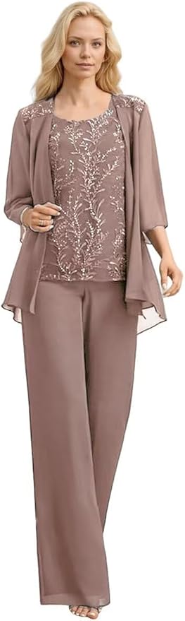 3 Pieces Mother of The Bride Pant Suits Long Laces Appliques 3/4 Sleeves Chiffon Mother of The Groom Dress