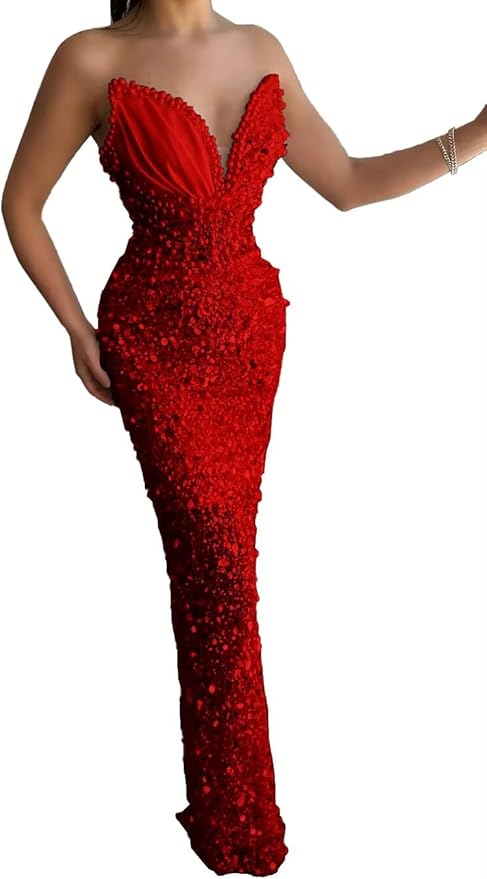 Sparkly Sequin Mermaid Prom Dresses Long V Neck Satin Beaded Pleated Tight High Waist Formal Dresses Evening Party Gowns