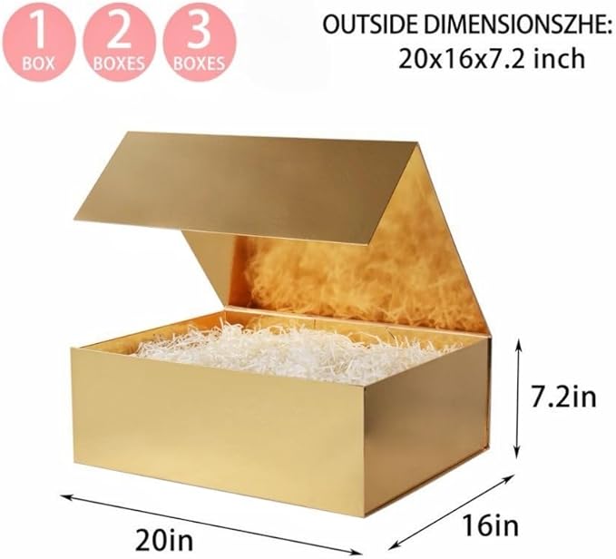 UoeRing 3 Pack Extra Large Gold Gift Box 20x16x7 inch Luxury Gift Box for Presents with Magnetic Closure Lid Collapsible,Birthday,Christmas,Contains Card, Ribbon,Tissue Paper,Shredded Paper Filler