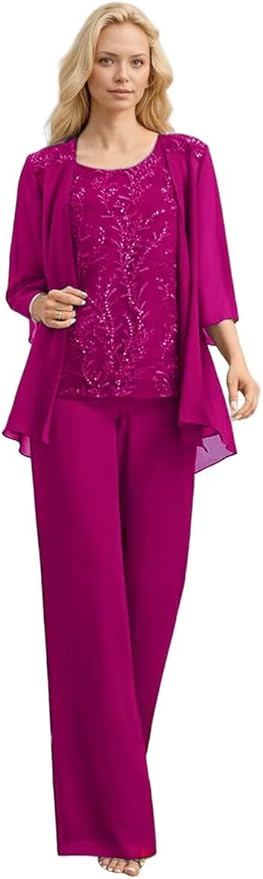 3 Pieces Mother of The Bride Pant Suits Long Laces Appliques 3/4 Sleeves Chiffon Mother of The Groom Dress