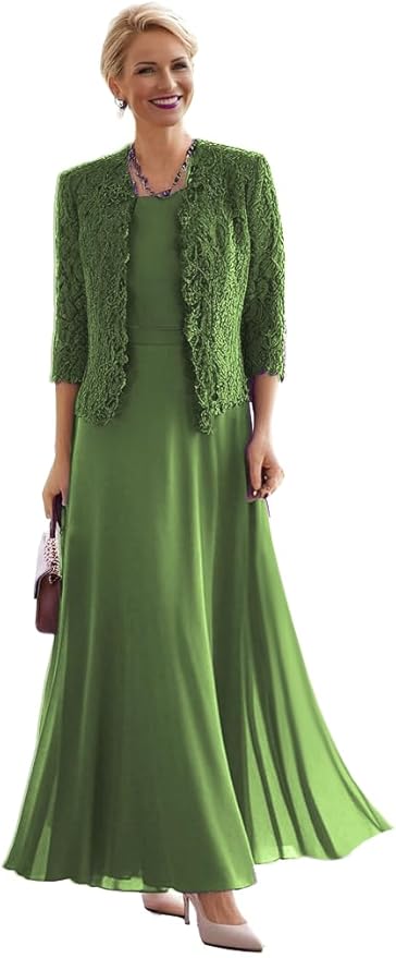 2 Pieces Mother of The Bride Dresses for Women Laces Mother of The Groom Dress 3/4 Sleeve Chiffon Formal Evening Dresses