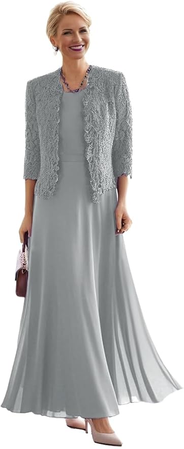 2 Pieces Mother of The Bride Dresses for Women Laces Mother of The Groom Dress 3/4 Sleeve Chiffon Formal Evening Dresses