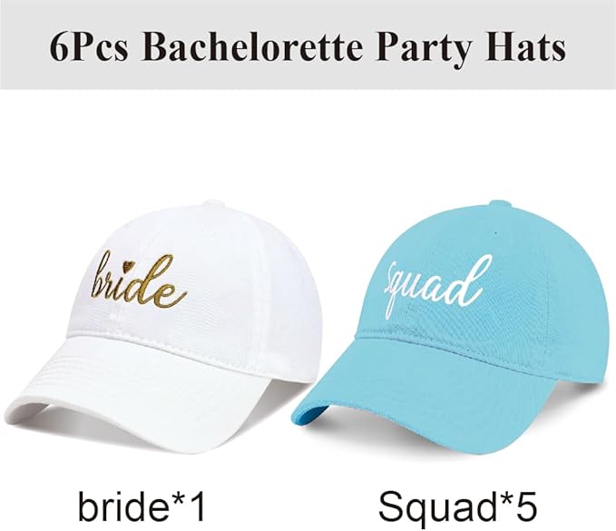 PartyGifts&beyond 6Packs Bachelorette Hat Bridesmaid Hat Bachelorette Party Favors Embroidered Bride Squad Baseball Cap