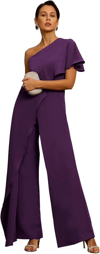 Mother of The Bride Jumpsuit Chiffon One Shoulder Ruffles Wedding Guest Pantsuit for Women