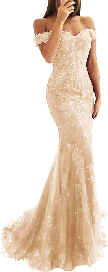 Tulle Long Prom Dresses Off The Shoulder Mermaid Dress with Elegant Laces Appliques Formal Evening Party Gowns