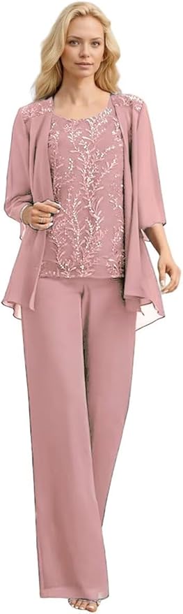 3 Pieces Mother of The Bride Pant Suits Long Laces Appliques 3/4 Sleeves Chiffon Mother of The Groom Dress