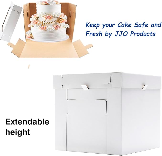 JJO Tall Cake Boxes for Tier Cakes, 14x14x12 Inches 4 Pack,White Bakery Boxes with Window,Disposable Cake Containers, Sturdy Wedding Tall Cake Carrier, Layer Cake Carrier