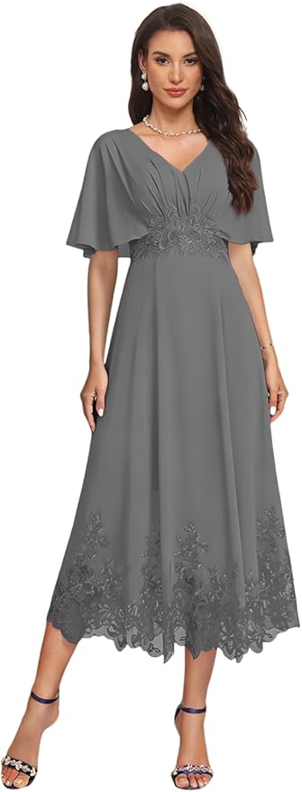 Tea Length Mother of The Bride Dress with Sleeves Laces Formal Evening Gowns for Wedding V Neck Wedding Guest Gown ZMX37