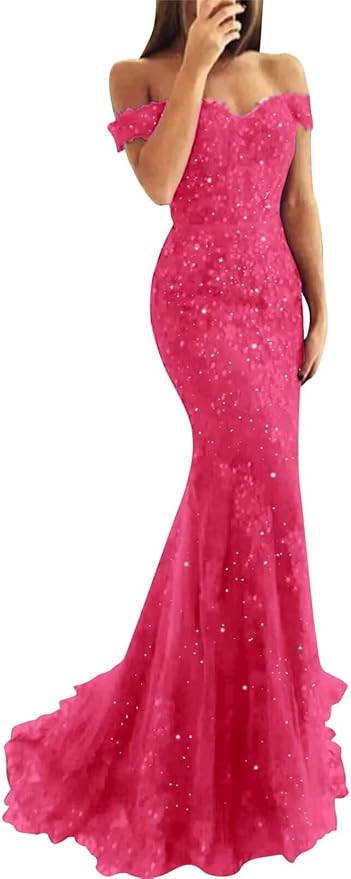 Tulle Long Prom Dresses Off The Shoulder Mermaid Dress with Elegant Laces Appliques Formal Evening Party Gowns