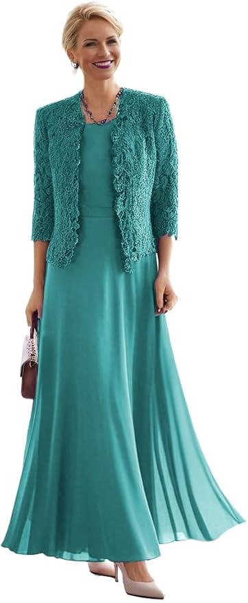 2 Pieces Mother of The Bride Dresses for Women Laces Mother of The Groom Dress 3/4 Sleeve Chiffon Formal Evening Dresses