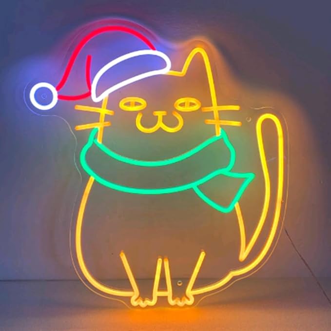 Meowy Christmas Neon Sign, Christmas Cat Home Decor, Cute Cat for Christmas Home Decor, Christmas Gift for Cat Lovers, Meowy Cat Gift Size:H16xW13inches
