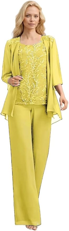 3 Pieces Mother of The Bride Pant Suits Long Laces Appliques 3/4 Sleeves Chiffon Mother of The Groom Dress