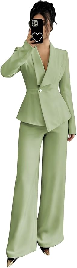 Pant Suits for Women Dressy 2 Piece Womens Pantsuit Long Sleeve Lapel V-Neck Formal Outfit for Wedding Guest
