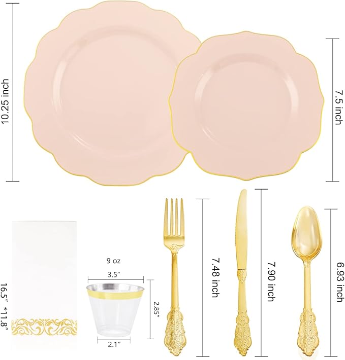 NOCCUR 175PCS Pink Plates with Gold Disposable Silverware - Include 50 Pink Plastic Plates,25 Knives,25 Forks,25 Spoons,25 Cups and 25 Napkins - Ideal for Party/Wedding/Valentines Day