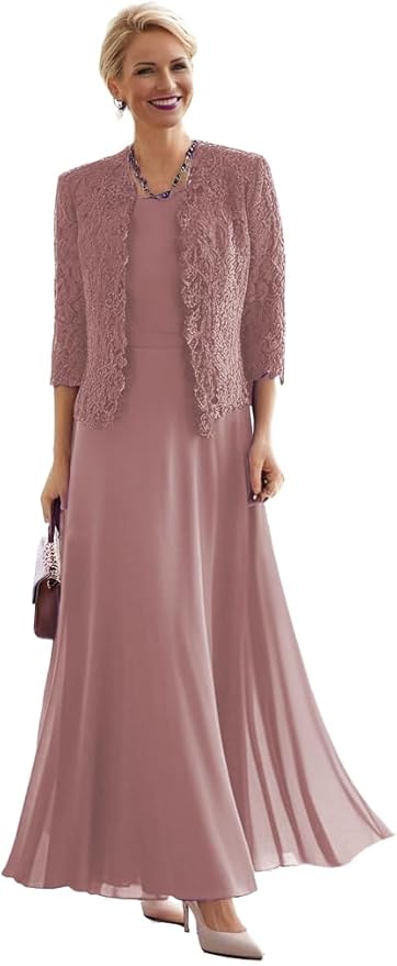 2 Pieces Mother of The Bride Dresses for Women Laces Mother of The Groom Dress 3/4 Sleeve Chiffon Formal Evening Dresses