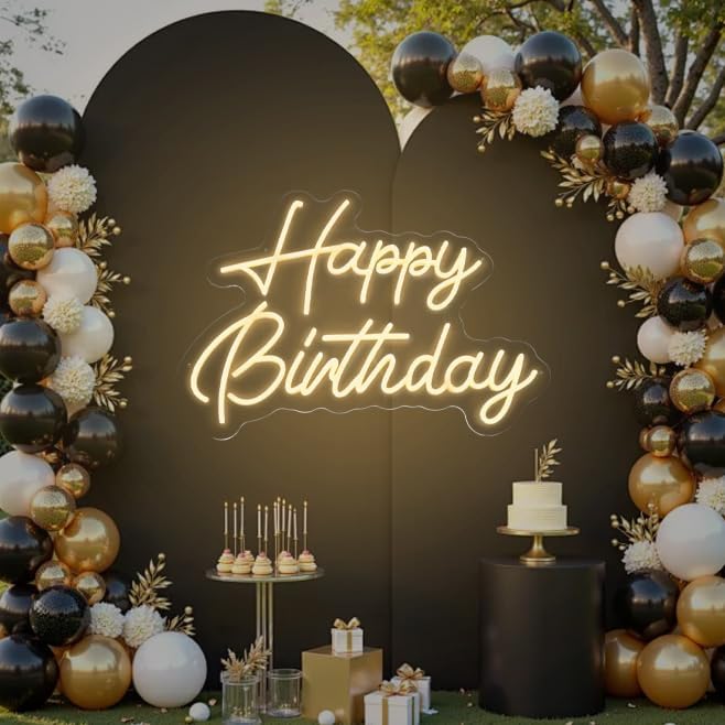 HMT Happy Birthday Neon Sign for Backdrop Wall Decor Large Size 22×16.9 Inch Happy Birthday LED Neon Lights for Birthday Party Decor Light Up Sign Neon Signs for Room Reunion Decoration Celebrations Adjustable light intensity (Warm White)