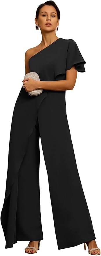 Mother of The Bride Jumpsuit Chiffon One Shoulder Ruffles Wedding Guest Pantsuit for Women