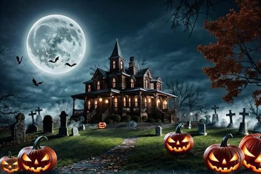 Halloween Backdrop Cemetery Haunted House Backdrop Scary Pumpkin Lamp Night Full Moon Photography Background Theme Party Banner Photo Studio Props 12x10ft（360x300cm）