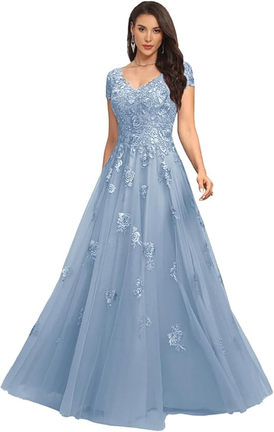 Mother of The Bride Dresses Sleeve Laces Applique V Neck Evening Gowns Cap Sleeves Grandmother of The Groom Dress