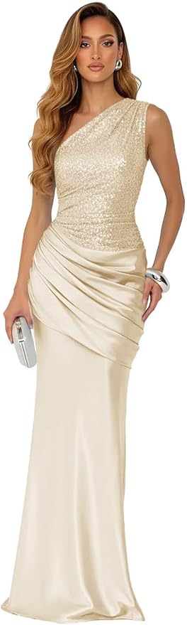 Sparkly Sequins Mermaid Prom Dress 2026 for Women Long Satin One Shoulder Asymmetrical Pleated Formal Evening Gown