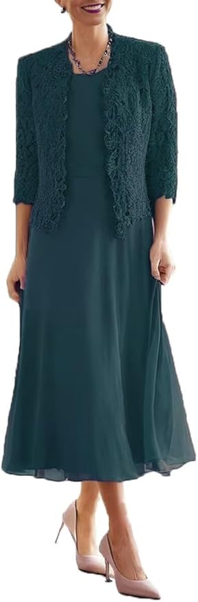 Tea Length Grandmother of The Bride Dresses with Jackets Elegant Laces Mother of Bride Dress for Wedding Guests