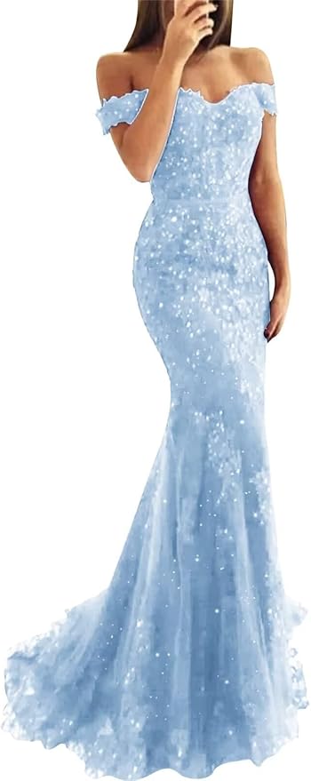 Tulle Long Prom Dresses Off The Shoulder Mermaid Dress with Elegant Laces Appliques Formal Evening Party Gowns