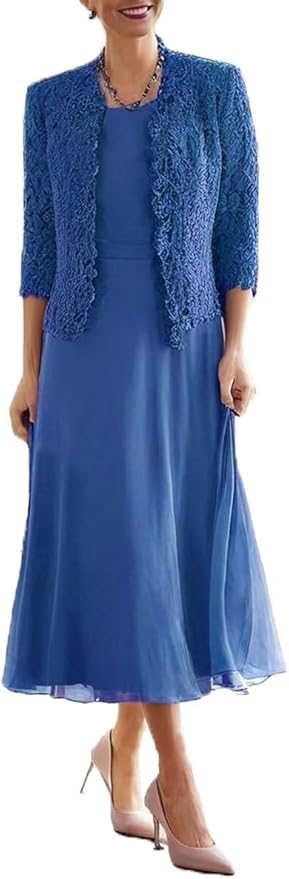 Tea Length Grandmother of The Bride Dresses with Jackets Elegant Laces Mother of Bride Dress for Wedding Guests