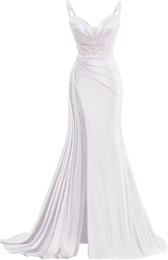 V Neck Satin Prom Dresses Long Mermaid Lace Evening Gown with Slit Pleated Bodycon Formal Dress with Tail