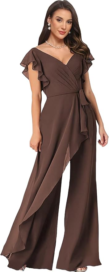 Chiffon Mother of The Bride Jumpsuits for Women Asymmetrical Pant Suits Flutter Sleeve V Neck Formal Evening Outfits