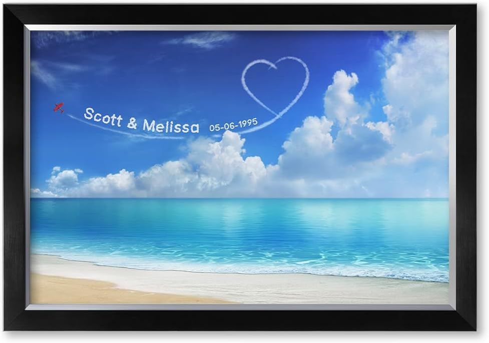 IPIC - Seaside Skywriting Personalized Artwork with Names and Date on, Customized Gift for Anniversary,Wedding,Birthday and Holidays. Framed Size:33x23