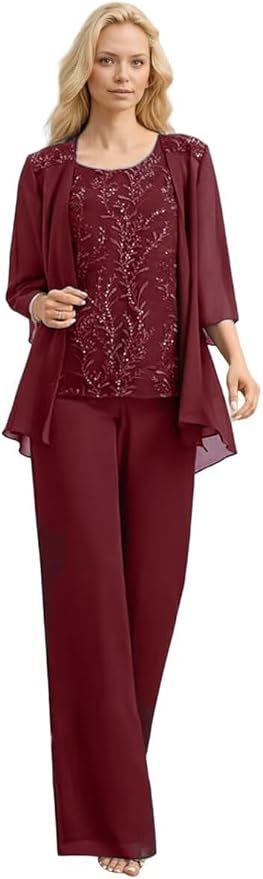 3 Pieces Mother of The Bride Pant Suits Long Laces Appliques 3/4 Sleeves Chiffon Mother of The Groom Dress