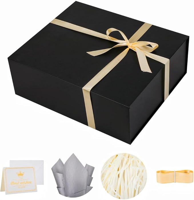 UoeRing 1 Extra Large Black Gift Box 17x14.5x6 inch Luxury Gift Box for Presents with Magnetic Closure Lid Collapsible,Birthday,Christmas,Contains Card, Ribbon,Tissue Paper,Shredded Paper Filler