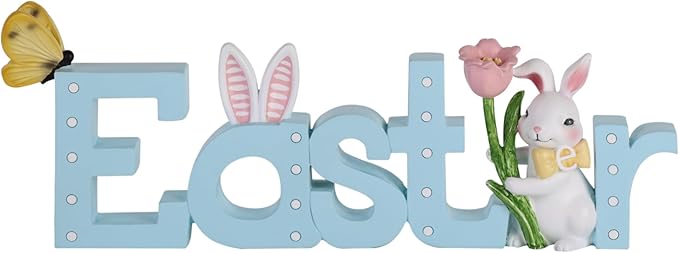 NIKKY HOME Easter Decor for Table, Easter Bunny Sign Table Decor, Cute Rabbit Centerpiece Resin Holiday Decorations for Shelf Mantel Spring Decorations for Party