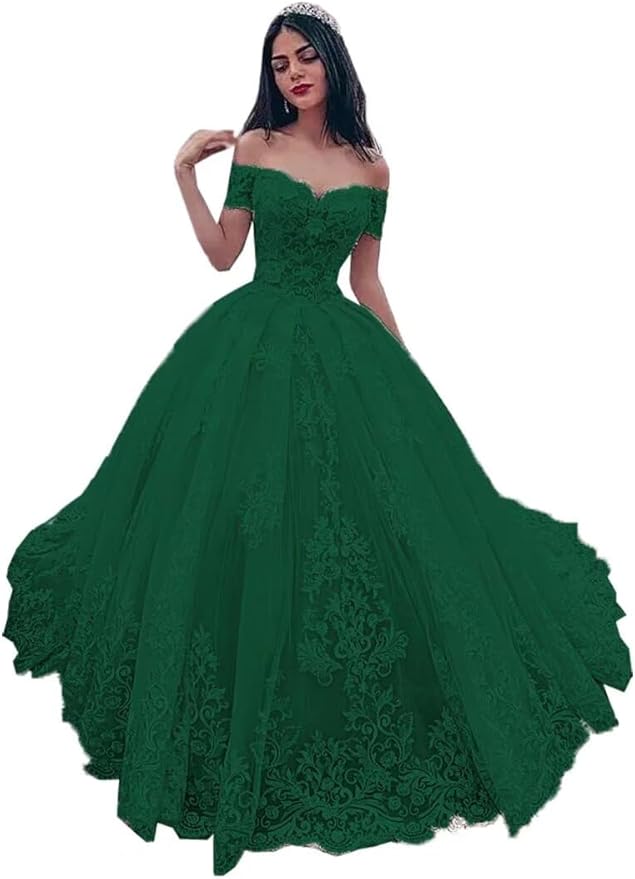 TRHTX Off Shoulder Lace Wedding Dresses for Bride Appliques Bridal Gowns for Women A-line Wedding Gowns with Train