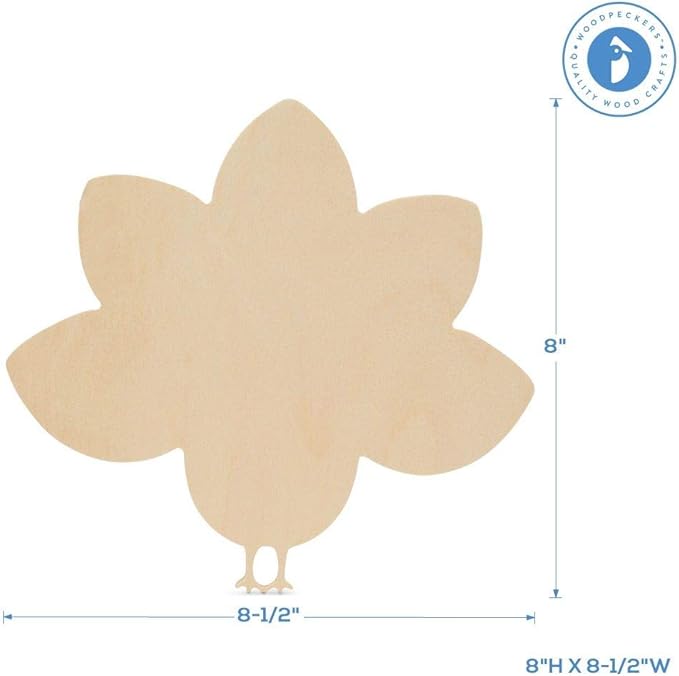 Whimsical Wood Turkey Cutouts 8 inch, Pack of 12 Fall Unfinished Wood Cutouts to Paint and Display, Thanksgiving Party Decorations, by Woodpeckers