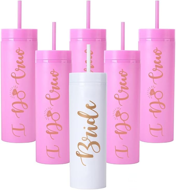 6 Pack Bride to Be Skinny Tumbler | 16 oz Bride & I Do Crew Tumblers | Bachelorette Party Cups | Engagement Wedding Gifts Bridesmaids Mugs Bachelorette Party Supplies & Games(Pink)