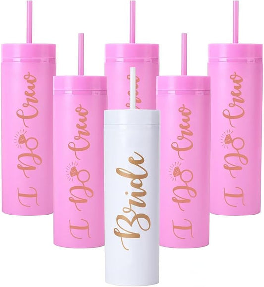 6 Pack Bride to Be Skinny Tumbler | 16 oz Bride & I Do Crew Tumblers | Bachelorette Party Cups | Engagement Wedding Gifts Bridesmaids Mugs Bachelorette Party Supplies & Games(Pink)