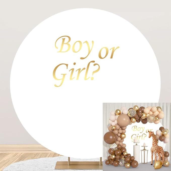 OERJU 7.5x7.5ft Gender Reveal Round Backdrop Boy or Girl Baby Shower White Circle Photography Background Round Backdrop Stand Cover Newborn Gender Reveal Party Decoration Photo Booth Props